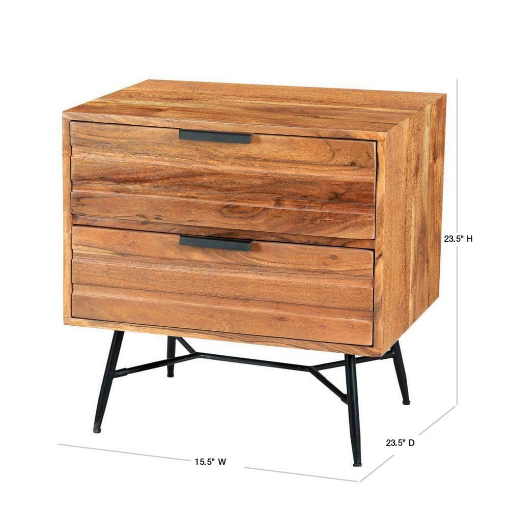 Luxury Acacia Wood 2-Drawer Nightstand with Metal Legs, Black and Brown
