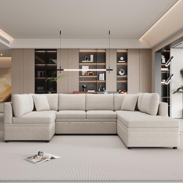 117.3 in. Square Arm Chenille U-Shaped Sectional Sofa in Beige with Pull-Out Sofa Bed and 2 Throw Pillows