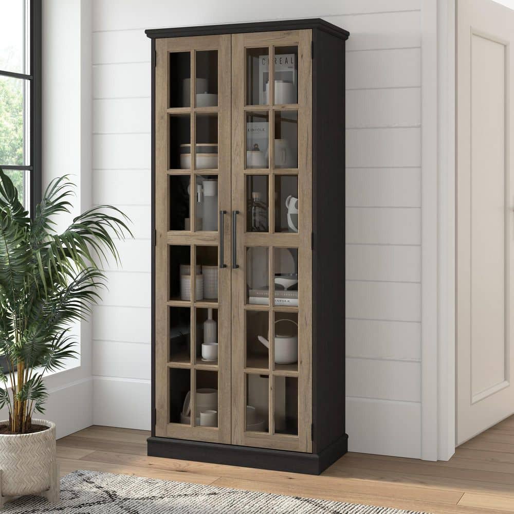 Tall Vintage Black and Tan Hickory Curio Cabinet with Glass Doors