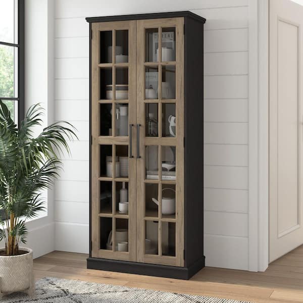 Westbrook Vintage Black/Restored Tan Hickory 72.01 in. Curio Accent Cabinet with Glass Doors