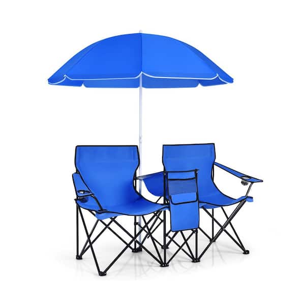 2-Seat Outdoor Portable Folding Picnic Chair Set with Removable Umbrella, Cooler and Cup Holders