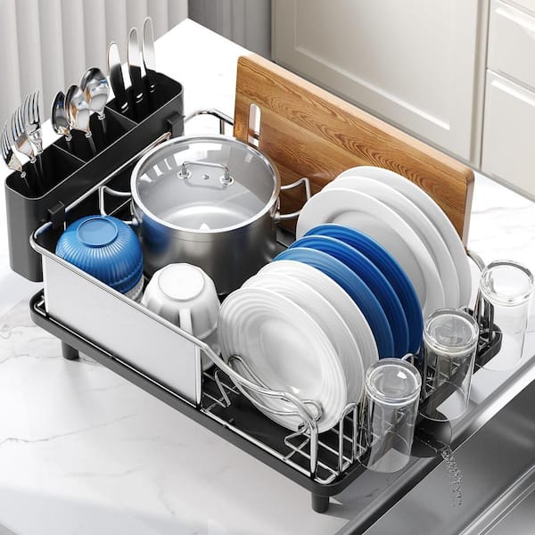 Stainless Steel Dish Drying Rack with Drain Board, Utensil Holder and Detachable Cup Shelf for Kitchen Counter, Black
