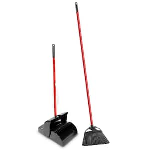 Indoor/Outdoor Angle Broom with Steel Handle and Lobby Dustpan with Closed Lid Combo Set