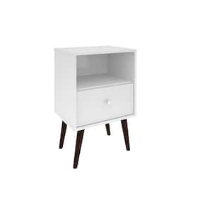 Liberty Mid Century White Modern Nightstand 1.0 with 1-Cubby Space and 1-Drawer with Solid Wood Legs