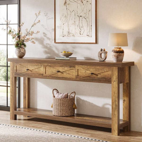 BYBLIGHT Turrella 70.9 in. Rustic Brown Rectangle Wood Console Table ...