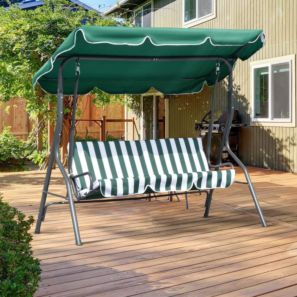 Green 3-Person Steel Frame Patio Swing with Adjustable Canopy