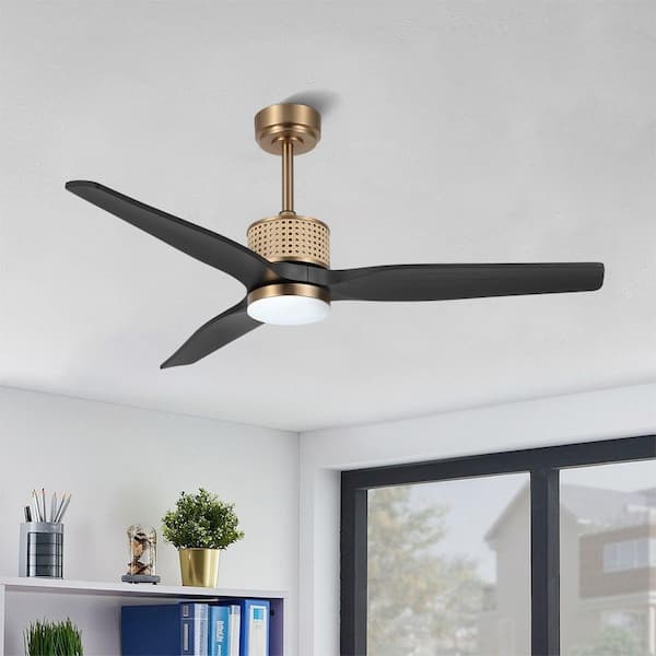 52 in. (4.3 ft.) 3 Solid Wood Blades Indoor Ceiling Fan with Integrated LED, Gold and Black