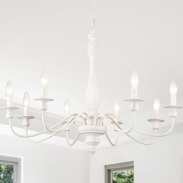 8-Light Vintage White Farmhouse Wood Chandelier Candle Style Linear Pendant Light