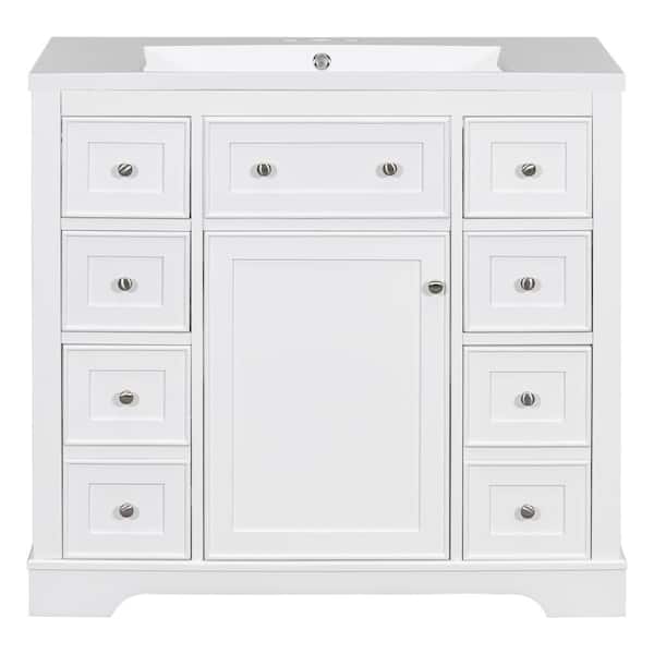 Bnuina 36 in. W x 18 in. D x 34.5 in. H Freestanding Bath Vanity in White with Ceramic Top, 1 Cabinet and 6-Drawers