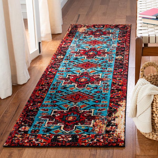 Vintage Hamadan Red/Light Blue 2 ft. x 10 ft. Floral Border Runner Rug