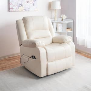 Faux Cream Leather Power Lift Recliner Chair with Massage, Remote, Footrest, Studded & Tufted Detailing, Side Pocket