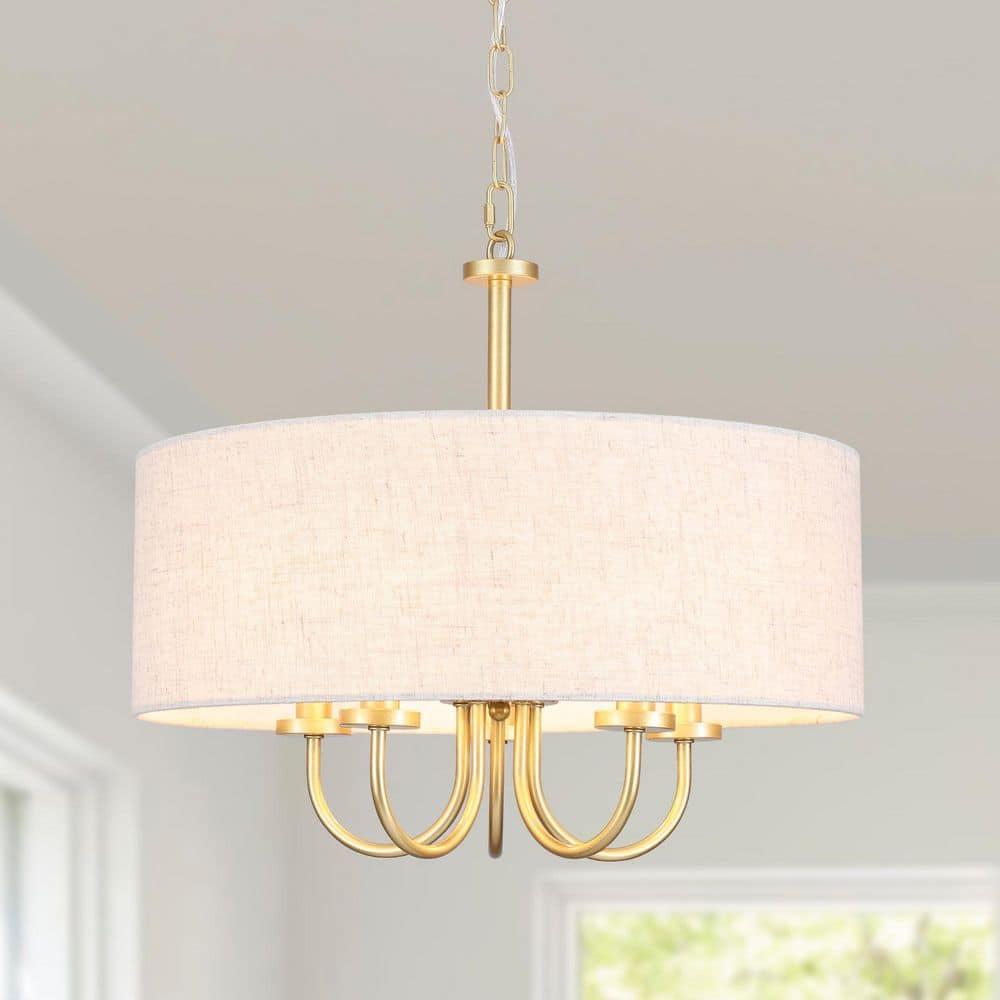 5-Light Gold and White Drum Modern Height Adjustable Industrial Chandelier for Kitchen Island with Fabric Shade price history on PriceWatchPro