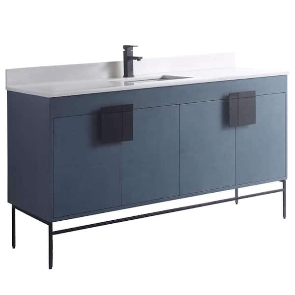 FINE FIXTURES 60 in. W x 20.47 in. D x 33.5 in. H Bath Vanity in French Blue with Phoenix Stone Vanity Top in White