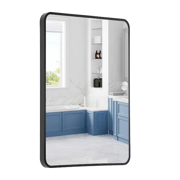 HBEZON 22 in. W x 30 in. H Rectangular Aluminium Rounded Corner Framed Wall Bathroom Vanity Mirror in Brushed Black