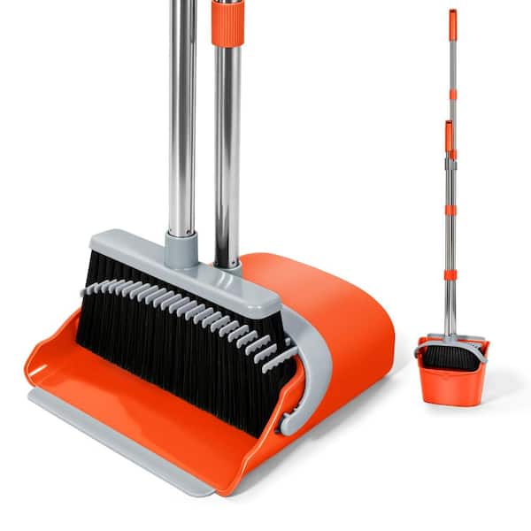 Broom and Dustpan Set, 54.33 Inch Long Handle Standing Design, Orange