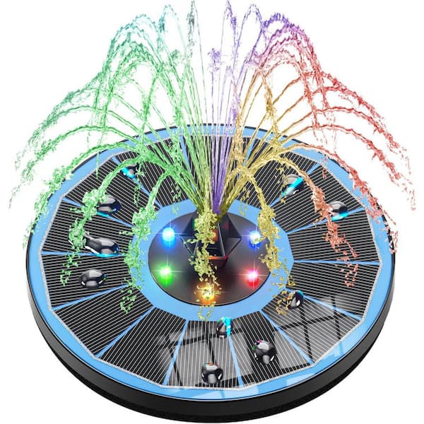 Phewnyzo 3.5-Watt Solar Powered Fountain Pump 100% Glass Panel with Built-in Battery 7 Nozzles & 4 Fixers Colorful for Outdoors