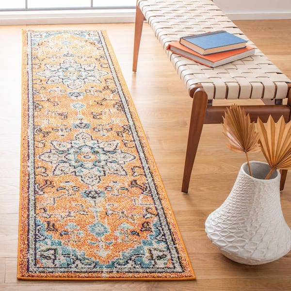 Madison Orange/Teal 2 ft. x 10 ft. Border Geometric Floral Medallion Runner Rug