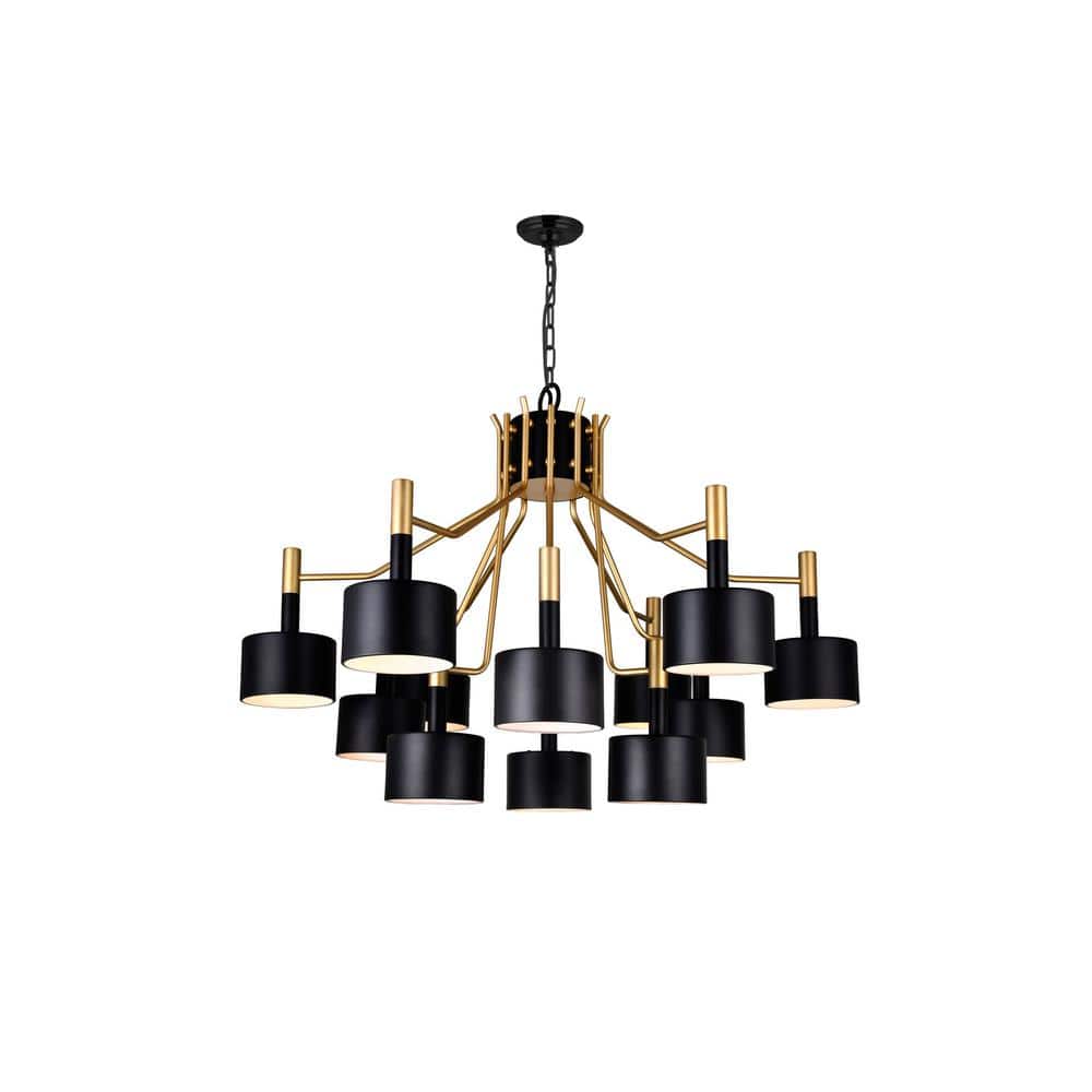 Matte Black and Satin Gold 12-Light Metal Chandelier