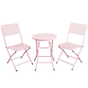 Pink 3-Piece Metal Round Outdoor Bistro Set with 2 Folding Chairs