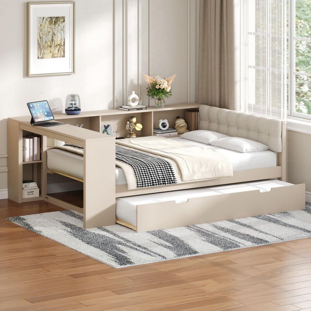 Nestfair Cream White Wood Frame Full Size Platform Bed with