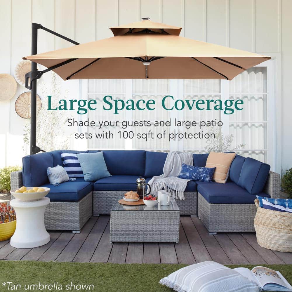 Gray 10ft 2-Tier Square Cantilever Patio Umbrella with Solar LED Lights