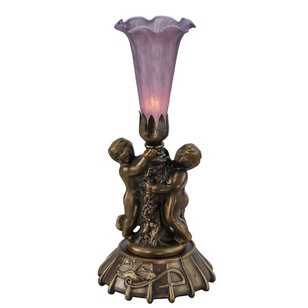 Pond Lily 12 in. Mahogany Bronze Novelty Victorian Twin Cherub Table Lamp with Purple Glass Shade