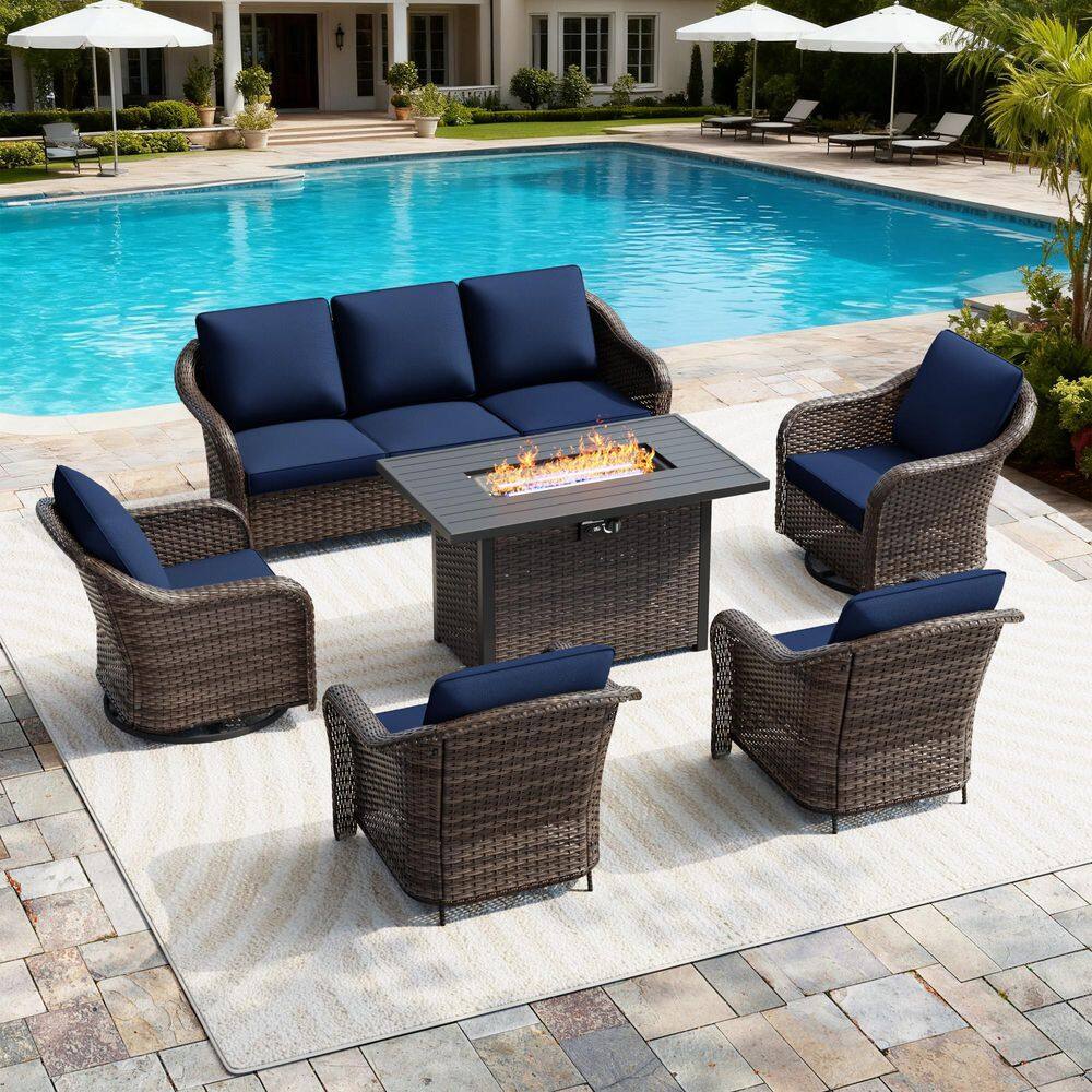 6-Piece Patio Wicker Outdoor Patio Conversation Set with Fire Pit Table, Blue Cushions and Swivel Rocking Chairs price history on PriceWatchPro
