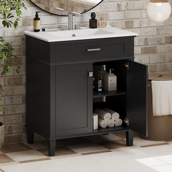 30 in. W x 18 in. D x 40 in. H Freestanding Bath Vanity in Black with White Ceramic Top
