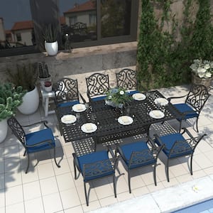 9-Piece Cast Aluminum Patio Conversation Outdoor Dining Set with Blue Cushion and 2 in. Umbrella Hole