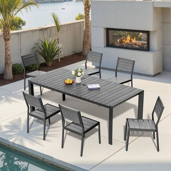 Gray 7-Piece 71 in. Rectangular Aluminum Wood-Like Patio Outdoor Dining Set with Stackable Chairs and Umbrella Hole