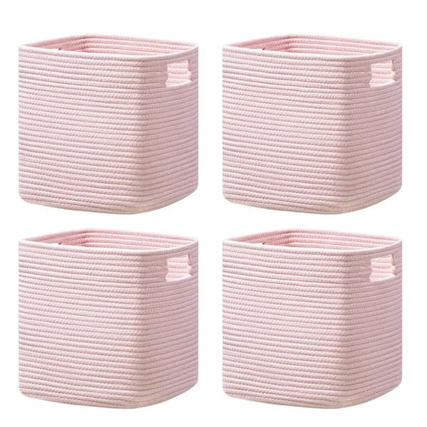 Pink 13 in. x 13 in. Cotton Decorative Basket (Set of 4) with Handles