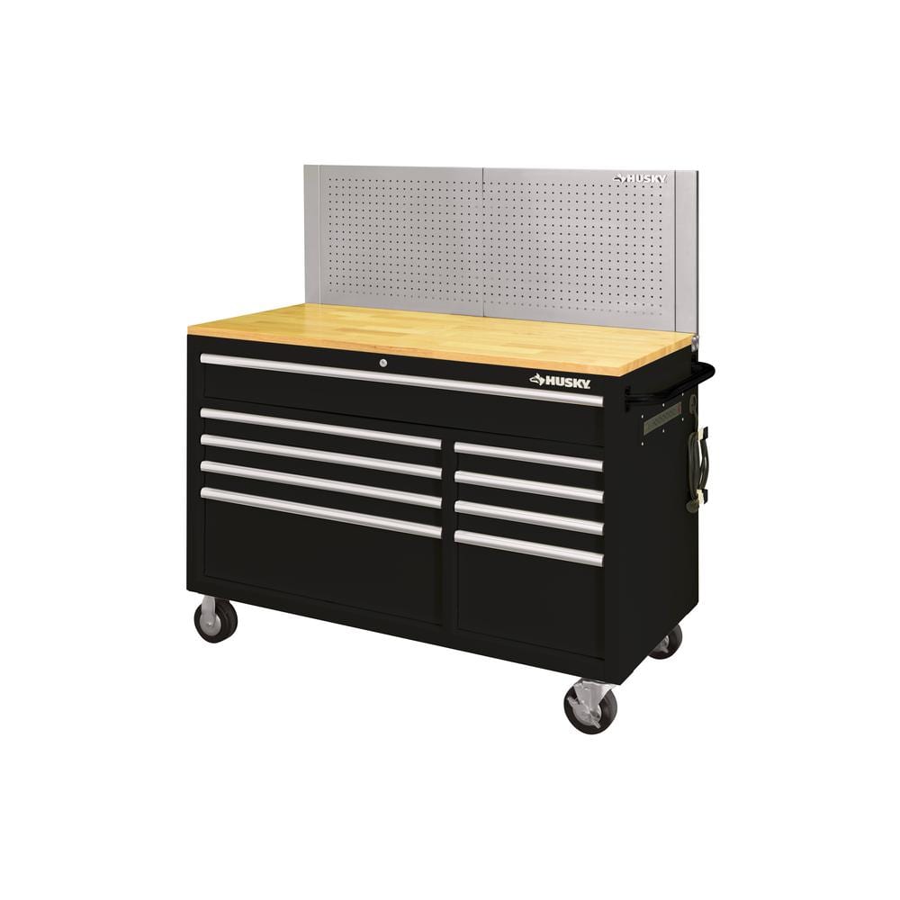 Husky 52 in. W x 24.5 in. D 9-Drawer Standard Duty Mobile Workbench Tool Chest with Solid Work Top and Pegboard in Gloss Black, Gloss Black with Silver Trim -  HOTC5209B13M