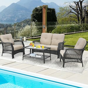 4-Pieces Rattan Patio Conversation Set Outdoor Furniture Set with Beige Cushion