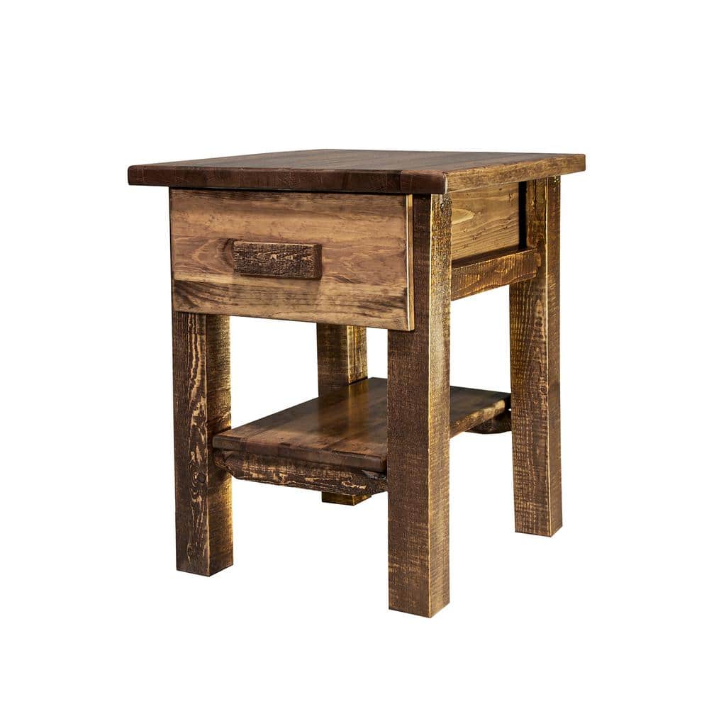 Rustic Pine Wood Nightstand with Drawer and Shelf