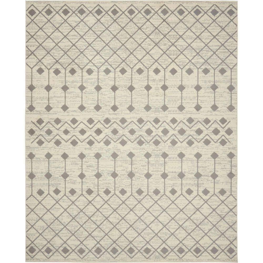 Ivory and Grey Geometric Hand-Knotted 7'10" x 9'10" Synthetic Area Rug