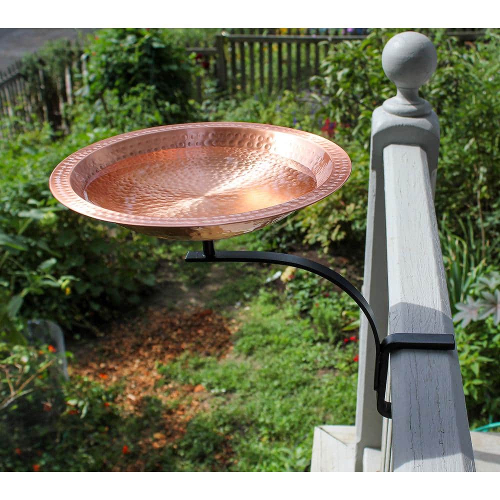 Hammered Copper Birdbath with Black Iron Rail Mount