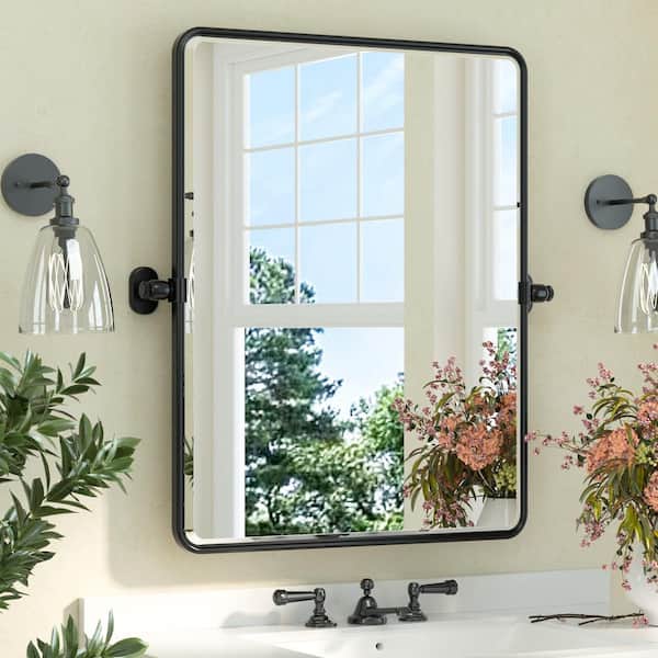 24in. W x 30 in. H Rectangular Framed Tilt Wall Bathroom Vanity Mirror in Black, Pivot Aluminum Framed Mirror Wall Mount