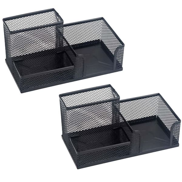 2-Pack Mesh Metal Desk Organizer Black Pen Holder with 3 Compartments Office Supply Pencil Cup for Home School