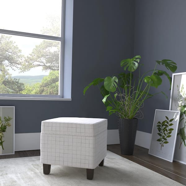 Homepop Natural Windowpane Polyester Linen Square Storage Ottoman with Lift Off Lid