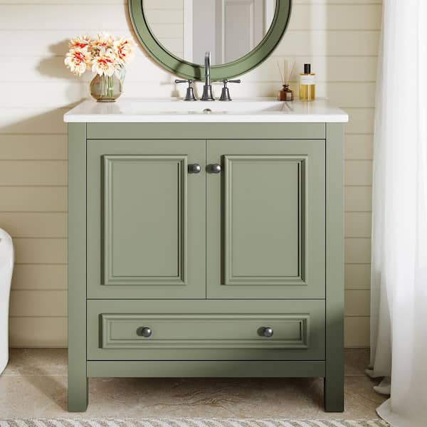 30 in. Single Sink Freestanding Green Bath Vanity with White Ceramic Top Unassembled