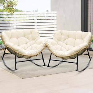 Oversized Beige PE Wicker Outdoor Rocking Chair Papasan Chair with Beige Cushion (2-Pieces)