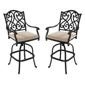 Set of 2 Cast Aluminum Outdoor Bar Stool Patio Vintage Carved Barstools with Beige Cushions