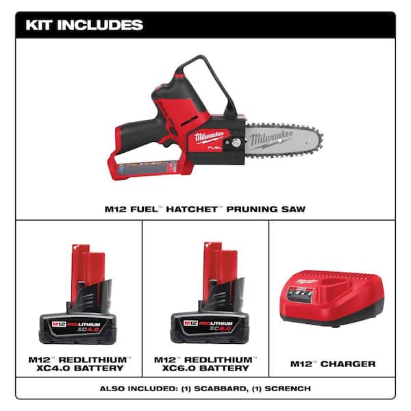 M12 FUEL 12V Lithium-Ion Brushless Battery 6 in. HATCHET Chainsaw Kit with 6.0 Ah and 4.0 Ah Battery, Charger