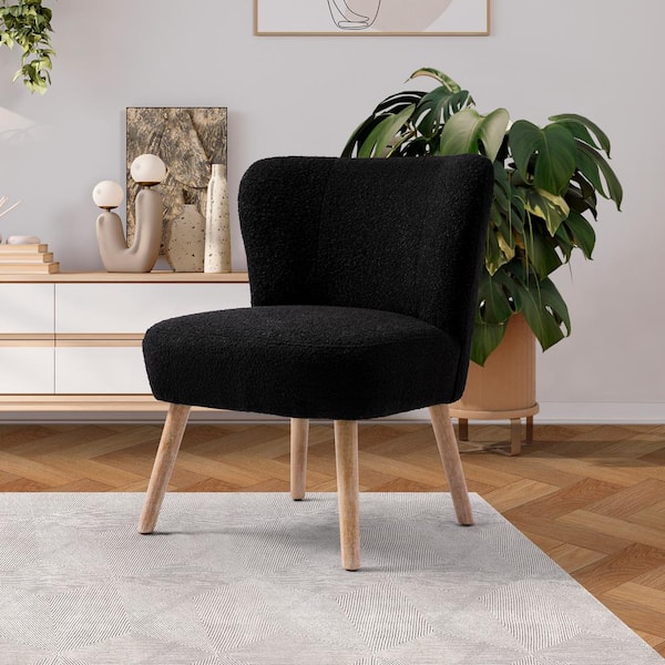 Stain Resistant Boucle Upholstered Armless Living Room Accent Side Chair with Natural Wood Finish Tapered Legs in Black