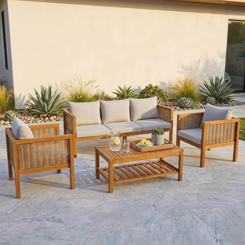 Natural Wood 4-Piece Outdoor Patio Conversation Set with Grey Cushions and a Coffee Table for Garden, Backyard price history on PriceWatchPro