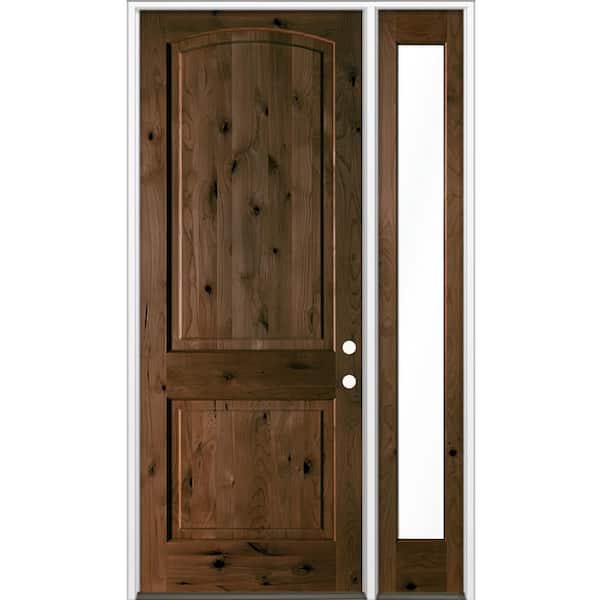 Krosswood Doors 50 in. x 96 in. Knotty Alder 2-Panel Arch-Top Left-Hand/Inswing Clear Glass Espresso Stain Wood Prehung Front Door RFSL