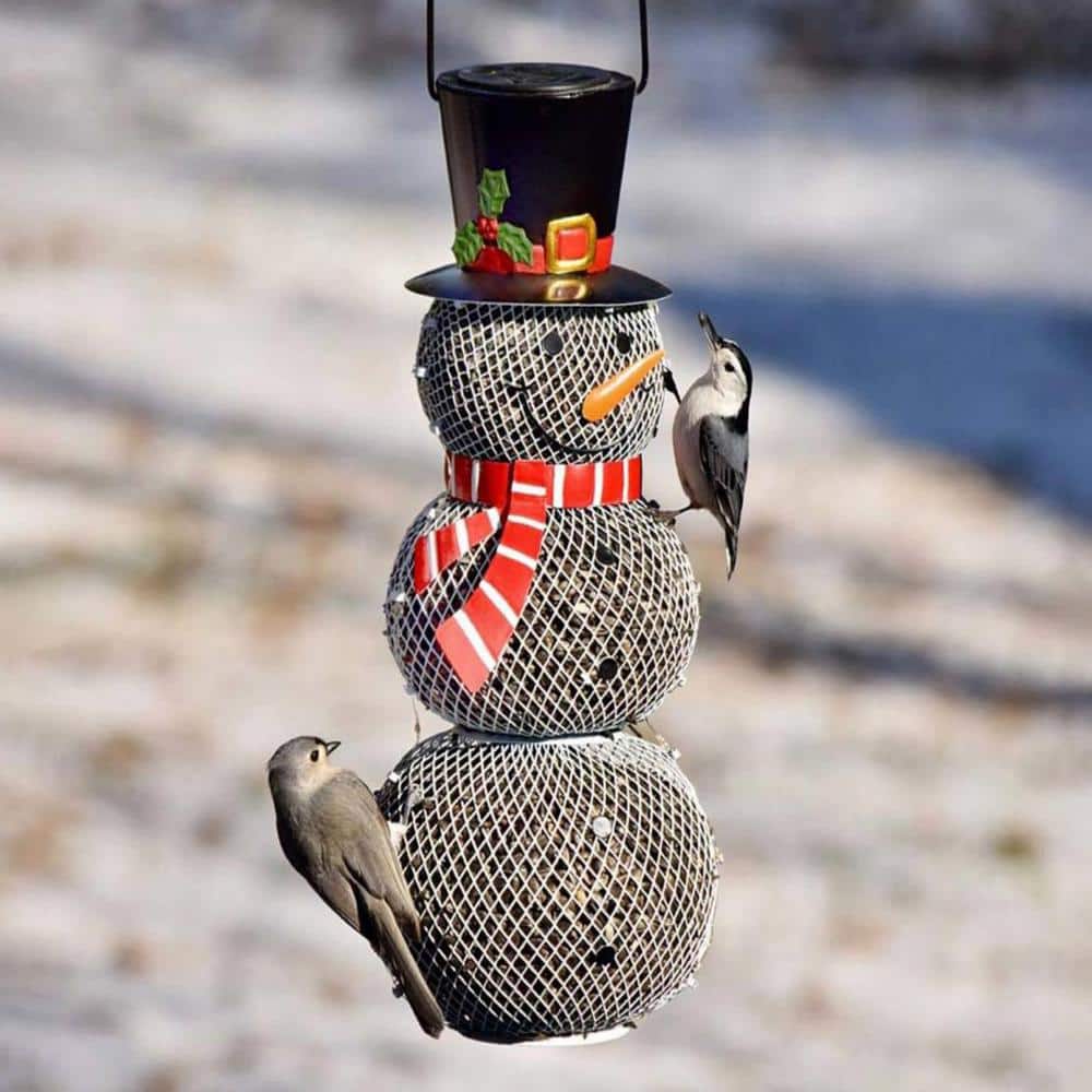 White Metal Mesh Snowman Hanging Bird Feeder with Suet Cage