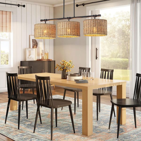 Rodarte 3-Light Matte Black Modern Farmhouse Linear Drum Natural Rattan Pendant Light for Kitchen Island