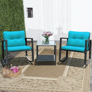 3-Piece Wicker Patio Conversation Set Rocking Chair Set with Blue Cushions
