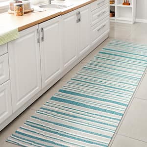 Castara Aqua/Cream 2 ft. x 8 ft. Wavy Stripe Modern Indoor/Outdoor Area Rug